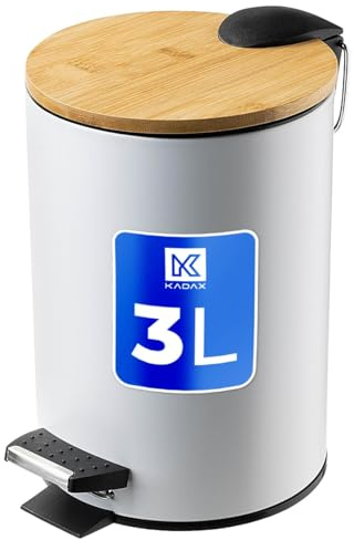 KADAX Badmülleimer, 3 l Kosmetikeimer in 5 Farben, kleiner Tretmülleimer her-ausnehmbaren Behälter, Eimer mit Bambusdeckel, Mülleimer für Bad und WC (Weiß)
