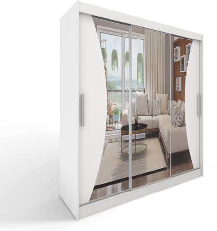 ML Furniture A4 Schiebetüren Kleiderschrank 250 x 215 x 58 cm mit Spiegel - Schlafzimmermöbel, Aufbewahrung - Mehrzweckschrank - Farbe: Weiß - 3 Schiebetüren