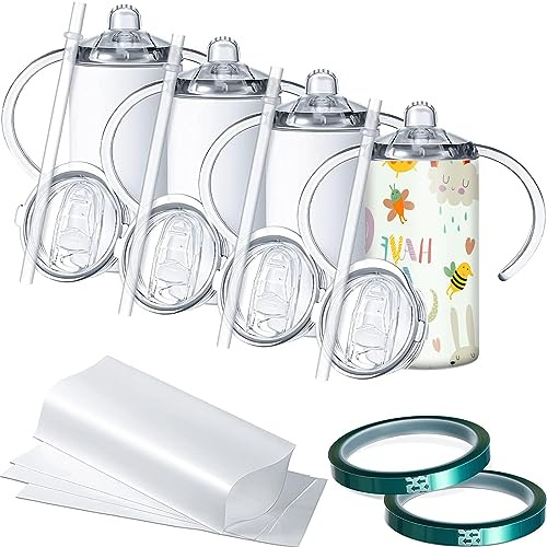Vermida Sublimations-Schnabeltasse mit Griff, 340 ml, Edelstahl-Schnabelbecher, Kinderbecher mit Strohhalmen und Deckel, auslaufsicher, doppelwandig, Vakuumbecher für Kinder (4 Stück)