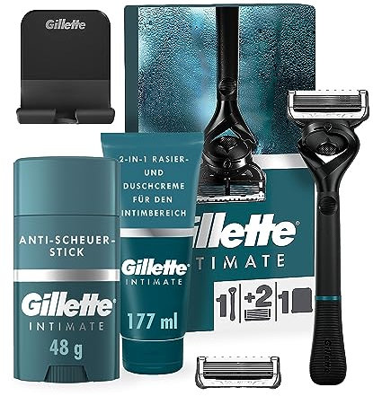 Gillette Intimate Intimpflege Rasierset für Männer (177 ml), Rasier- und Duschcreme für den Intimbereich + Anti-Scheuer-Stick, reduziert Reibungen und Hautreizungen + Rasierapparat mit 2 Klingen