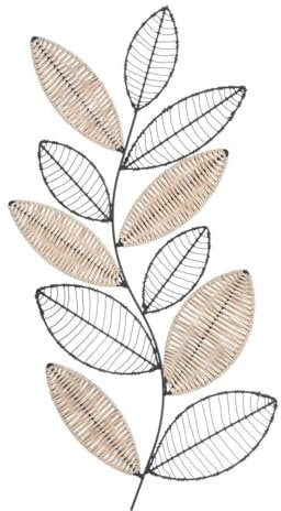 Atmosphera - Décoration Murale Feuille Aurore Noir et Naturel 56 x 29 cm, Métal et Rotin Tressé - pour Salon, Chambre, Entrée