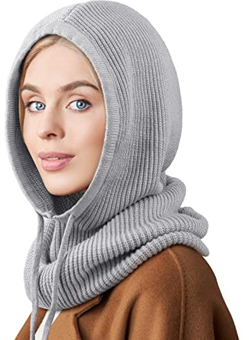 AQOKKA Kapuzenschal, Strick, Sturmhaube, Damen, Beanie, Totenkopfmütze mit Kordelzug, warme Wintermützen für Damen und Herren, Outdoor-Sport, 1 x Kapuzenmütze: hellgrau, Einheitsgröße