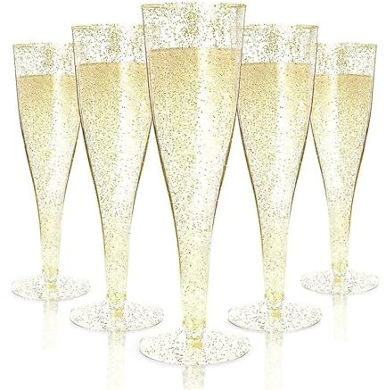 Perla - 48 Flute da Champagne Eleganti in Plastica - 120ml - Calici Trasparenti Glitterati Oro - Resistenti e Riutilizzabili - Bicchieri da Brindisi per Feste Compleanni Matrimoni Natale Capodanno