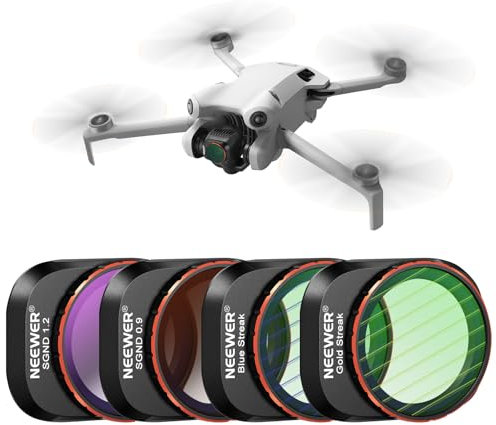 Neewer Juego de filtros ND y de efecto compatibles con DJI Mini 4 Pro, paquete de 4 filtros GND0.9 GND1.2 de borde suave degradado de densidad neutra/azul/dorado, filtro de efecto anamórfico HD/vidrio