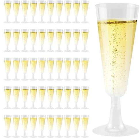 VicBou 50 PCS Champagne Flutes, 160ml/5.6oz Plastic Champagne Flutes, Clear Champagne Glasses Reusable Stemmed Party Wine Cups for Garden Wedding Anniversary Shower Parties