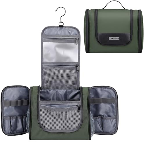 WITZMAN Trousse de Toilette Nylon Suspendue Résistante à l'eau pour Hommes | Avec Poche Sèche/Humide, Multi-Compartiments pour Rangement Organisé, Léger, Pour Voyages, Salle de Bain, B690 Vert Armée