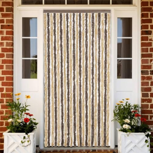 qohoio Fly Curtain Dark Brown and Beige 100x200 cm Chenille,Curtains Door Fly Screen Curtain For Doorways Window Decorations Room Divider
