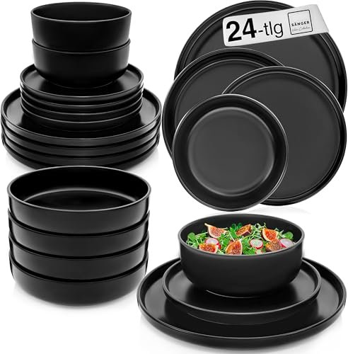 SÄNGER Madeira | Kombiservice 24 teilig, Steingut Geschirr Set 6 Personen, 6x Teller Set 6x Frühstücksteller 6x Tiefe Teller 6x Pastaschalen Geschirrset und Schale schwarz matt | VALUE COLLECTION