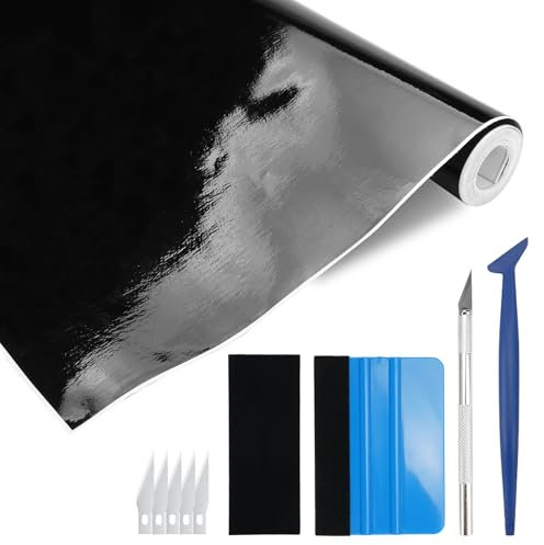 30 x 300 cm Wasserdichte, bläsrfreie Autofolie, schwarz, glänzend, selbstklebend, Vinylfaser, Autoschutz, DIY, mit Werkzeug, für Motorrad, Fahrrad, Innenräume