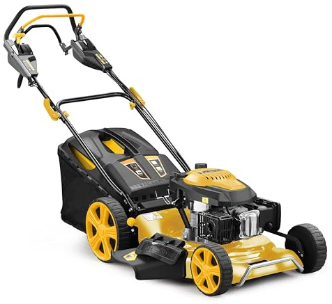 Tondeuse Thermique tractée 196cm3 - Coupe 53cm -7 Hauteurs de Coupe - avec Variateur de Vitesse - Réglez la Vitesse idéale - Fonction 4en1 et Easy Clean - Marque Francaise