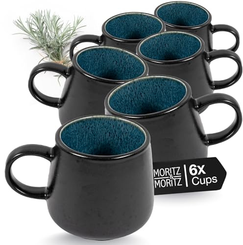 Moritz & Moritz Steingut 6er Tassen Set 400 ml - Blau - Spülmaschinen- & mikrowellenfest - Kaffeebecher Set aus robustem Steingut - Serie Solid