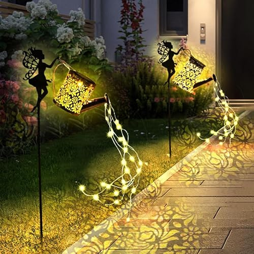 newtopend Luz solar para jardín, regadera de hadas con cadena de luces LED, 32.6 pulgadas, resistente a la intemperie, iluminación decorativa para exteriores