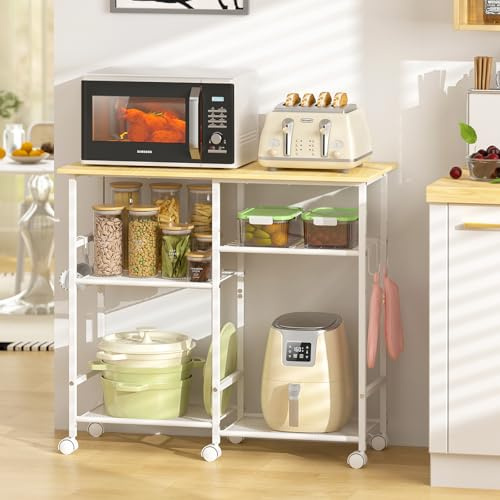 ThreeHio Rolling Kitchen Microwave Cart, 3-Tier Microwave Stand with Adjustable Shelf, Kitchen Storage Cart on Lockable Wheels, Coffee Bar Baker's Rack Organizer Shelf for Living Room, Office, Balcony