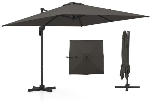 GYMAX Ombrellone da Balcone 3x3 M, Ombrellone Decentrato Laterale Roma, Girevole 360°, 5 Posizioni di Inclinazione, Manovella, Base a Croce, Giardino, Patio, Piscine, Mercato, Terrazza (Grigio)