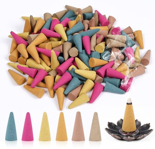 AUAUY Kit de Conos de Incienso, 120 Conos de Incienso Fresco con 1 Soporte, 6 Aromas Naturales: Rosa, Jazmín, Osmanto, Océano, Sándalo y Artemisa para Meditación, Yoga, Relajación