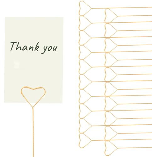 COYUN 20Pcs Clip de Nota de Metal, Portafotos de Metal,Memo Heart Shape Foto, Soportes Alambre Colocar Tarjeta para Tarta de Decoración de Fiesta de Boda(Oro)