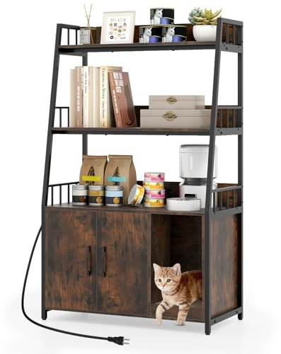 GYMAX Meuble Cache Bac à Litière pour Chats avec 3 Étagères de Rangement, Station de Charge Intégrée, Maison de Toilette pour Chats avec Tapis à Gratter (Marron Rustique)