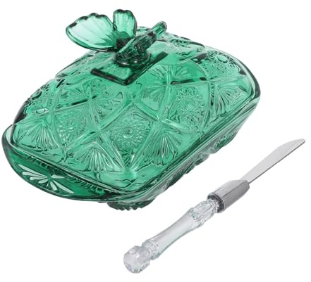 WEKADRIN Mantequera de Vidrio Vintage con Tapa Verde y Cuchillo Recipiente Hermético para Mantequilla y Postres Soporte para Refrigerador y Encimera para Presentación Elegante