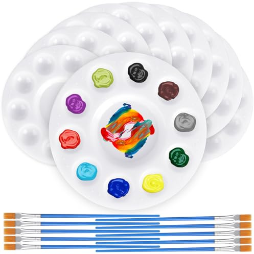 10 stycken blandpaletter + 10 penslar, plastpallar runda 16,5 cm, färgpalett akvarell med 11 blandningsfält, färgblandningspalett, universalpalett för gör-det-själv konstmålning