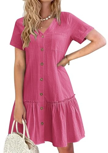 HOTOUCH Vestido de verano con botones para mujer, vestido de lino y algodón, dobladillo con volantes, vestido casual de manga corta
