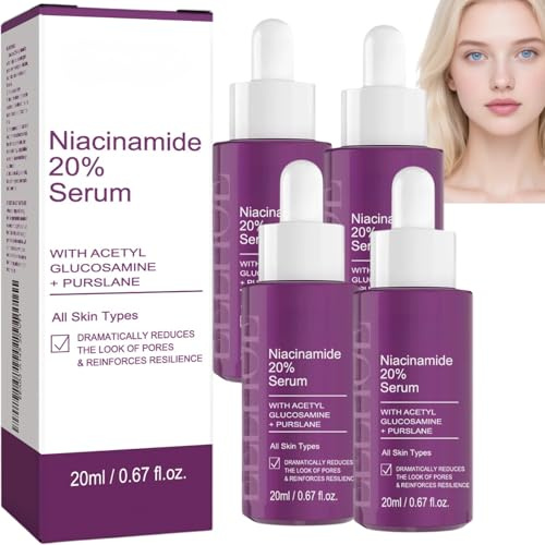 Niacinamid Gesichtsserum zur Porenpflege, hochwirksames Niacinamid mit Acetylglucosamin und Portulak, ölregulierendes Serum für fettige und Mischhaut, glatte verfeinerte Hautpflege (4pcs)