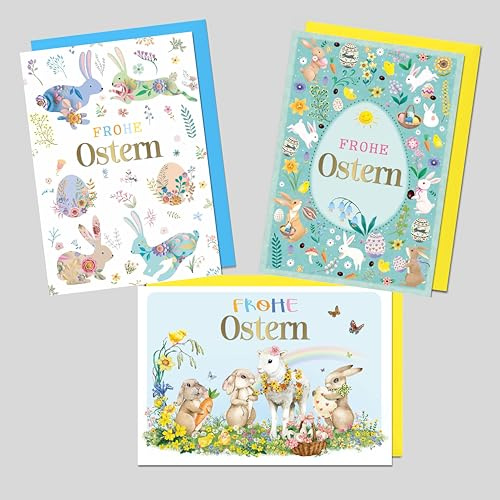Michel Verlag 3er Set FROHE OSTERN | 3 Osterkarten 17x12cm, inkl. Umschlag, für Familie + Freunde | Oster Grußkarten, traditionelle christliche moderne Motive | Made in DE (traditionell-verspielt)