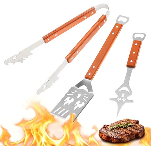 Yoassi Kit de 3 Ustensiles Barbecue Multifonctionnel, Set de Pince, Spatule et Fourtchette pour BBQ en Acier INOX avec Poignée Isolante, Accessoire pour Barbecue,Cuisine,Camping en Plein Air