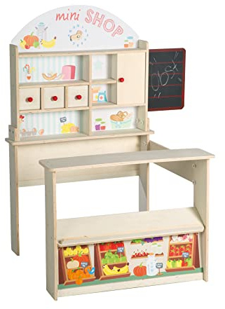 roba Kaufladen „Minishop“ inkl. Zubehör – Holz natur – Mit Kasse, Theke, Tafel & Schiebetür