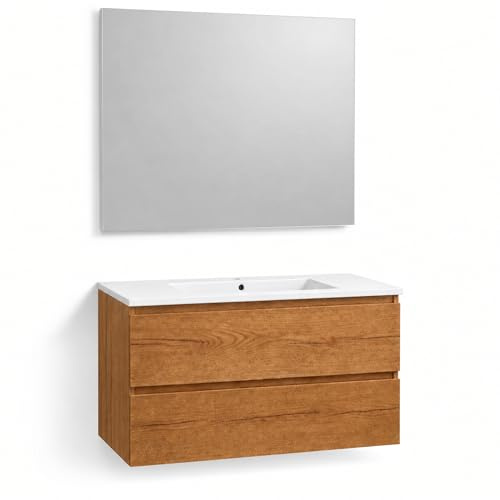 NEBADOON Mueble Baño con Lavabo Y Espejo Mueble Suspendido De 2 Cajones con Cierre Suave Silent System Montado En Acabado Roble Gold 100 Cm Ancho 45 Cm Fondo 52 Cm Alto