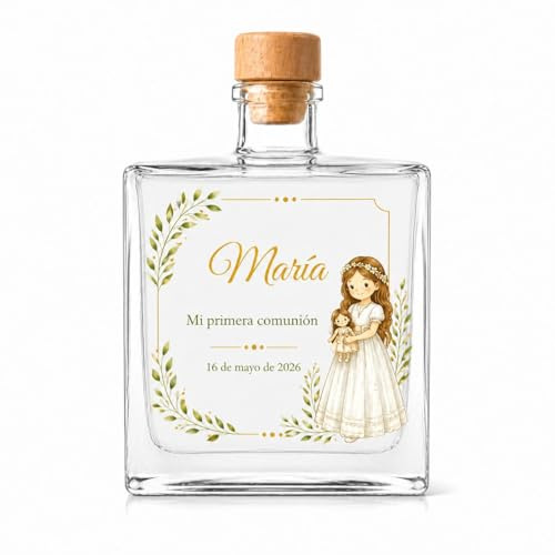 Genérico Pack de 12 Botellas de Vidrio Cuadradas 100 ml Personalizadas Comunión Niña con Tapón Sintético