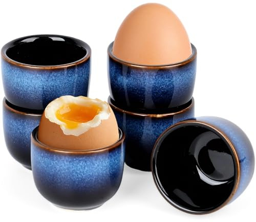 6-Piece Ceramic Egg Cups Set, Vintage Blue Handmade Fired Porcelain with Glossy Finish Glaze, Dishwasher Safe Egg Holders for Soft & Hard Boiled Eggs, Breakfast, Brunch & Dinner