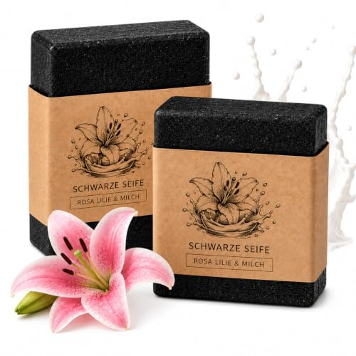 TBS Natürliche schwarze Seife für Damen – 2 x 100 g, mit Ziegenmilch, Sheabutter, Honig und Lilie – bei Akne und fettiger Haut, mit Aloe Vera, Ashwagandha und Grünem Tee