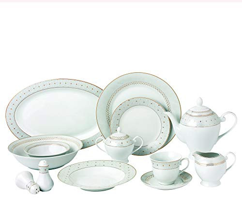 57Piece Gold Border Porcelain Dinnerware Set-Service For 8-Carlotta-Mix & Match