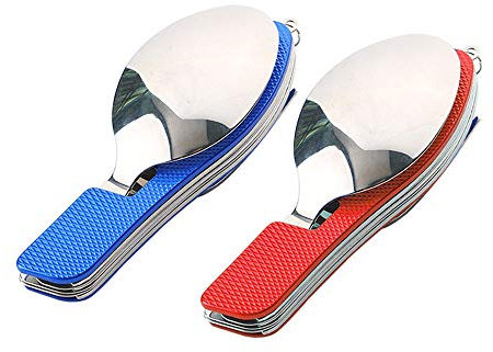 QitinDasen Lot de 2 couverts de camping 4 en 1 de qualité supérieure - Couverts pliants 4 en 1 - En acier inoxydable