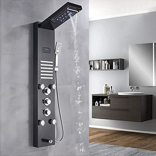 Saeuwtowy Colonne de hydromassage de douche moderne 5 fonctions avec lumières LED Panneau de douche hydromassage colonne de hydromassage de douche de cascade en acier inoxydable Noir
