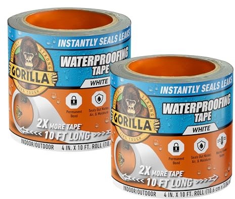 Gorilla Waterproof Patch & Seal Tape, White Tape, 4 x 10' (Pack of 2) - Permanent Weather Resistant Seal for Leaks and Repairs