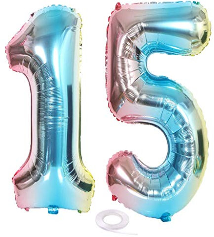 SNOWZAN Palloncino con numeri XL, numero 15. Palloncino arcobaleno, per bambine e ragazze, con numero 15. Decorazione per compleanno, blu, rosa, multicolore, per 15 anni, in pellicola di alluminio