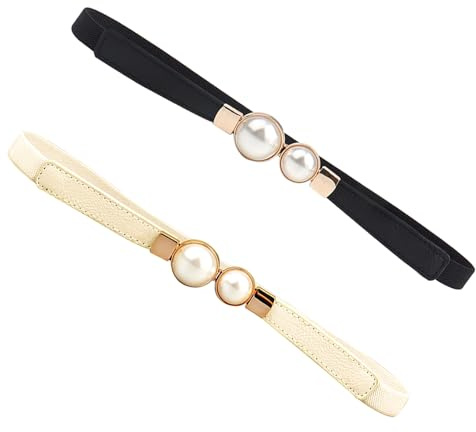 YIWEIYA Frauen Skinny Elastischer Taillengürtel, Mode Damen Dehnbarer Perlengürtel, Dünner Gürtel für Kleider, Stretch Retro Bund für Kleid, Perle Metallschnalle Elastischer Gürtel (2 Stück/3 Stück)
