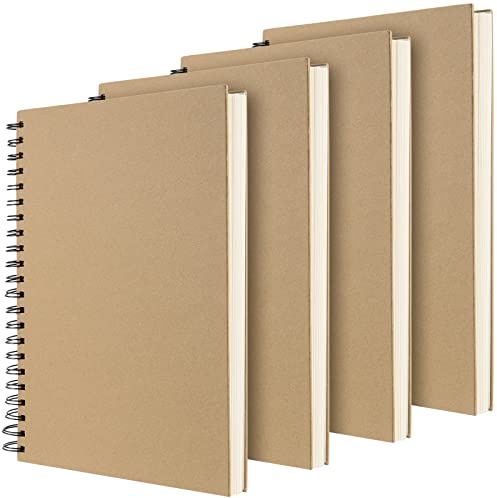 ZEONHAK 4 Stück A4 Spiral-Skizzenbuch, 60 Blatt/120 Seiten 160 g/m² Spiralbindung, Skizzenbuchblock, Kraftpapiereinband, blanko Papier, Hochformat, Skizzieren, Scrapbook