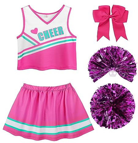 ReliBeauty Cheerleader Kostüm Kinder Kleid mit Pompoms und Kopfschmuck，pink,130