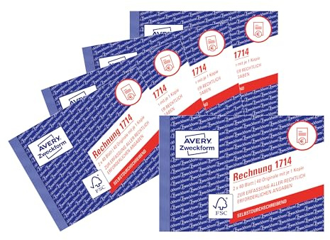 AVERY Zweckform 1714-5 Rechnung (A6 quer, 2x40 Blatt, selbstdurchschreibend mit farbigem Durchschlag, mit Netto- und Bruttobetrag, MwSt. uvm, speziell für Österreich) 5er-Pack, weiß/gelb, Blau