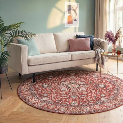 Vintage Teppich Rund - Imagine Medaillon Rot - Ø 160 cm | Baumwolle, Synthetik, Polyester - Flachgewebe - Vintage, Symmetrische - Orientalisch - Wohnzimmer, Esszimmer, Schlafzimmer