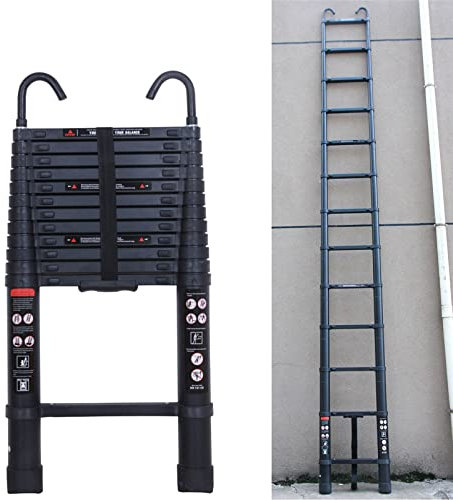 Teleskopleiter mit 2 Haken, 5m Aluminium Leiter, Ausziehbare Anlegeleiter Mehrzweckleiter, 150KG Tragkraft, EN131, Schwarz