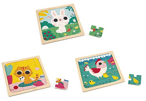 Janod - 3 9-Teilige Holzpuzzle - Huhn, Katze, Hase - Kinderspielzeug - Pädagogisches Kleinkindspielzeug - Ab 18 Monaten, J07113