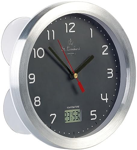 St. Leonhard Tischuhr: Badezimmer-Funk-Wanduhr, Thermo- und Hygrometer, Alu-Rahmen, Grau (Badezimmer Funkuhr, Funkuhr Bad, Spiegel)