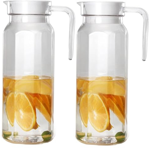 Acrylic Pitcher 37 oz, 2Pcs Unbreakable Plastic Pitcher with Lid, BPA-Free, Clear Heat-Resistant Small Plastic Water Jug for Tea, Sangria, Lemonade, Juice, Milk, Octagonal