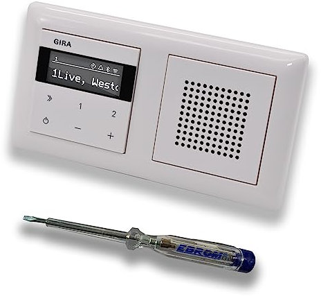 Gira Unterputz IP Internetradio 232003 + Bluetooth Komplett-Set mit Lautsprecher - System 55 - reinweiß glänzend mit 2fach Rahmen Gira 021203 inkl. EBROM Phasenprüfer zur Montage der Geräte
