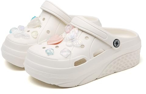 ELIOGN Dam, gardener, plattform, träskor, tofflor, lätta, pantoletter, slip-on, glid, skor, trädgårdsskor, Vit 11, 38 EU