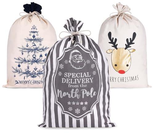 BRUBAKER 3er Set Weihnachtssack - 80 cm Geschenksack mit weihnachtlichen Motiven - Nikolausbeutel zum Befüllen und Verpacken von Geschenken - Weihnachtsdekoration Sack aus Baumwolle