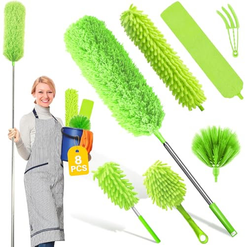 8 Stücke Staubwedel Teleskop Waschbar, Staubwedel Lang Ausziehbar, Teleskop Staubwedel, Staubwischer Maximale Länge 25-256cm für Hohe Decke Deckenventilator Spinnweben und Kronleuchter, Grün